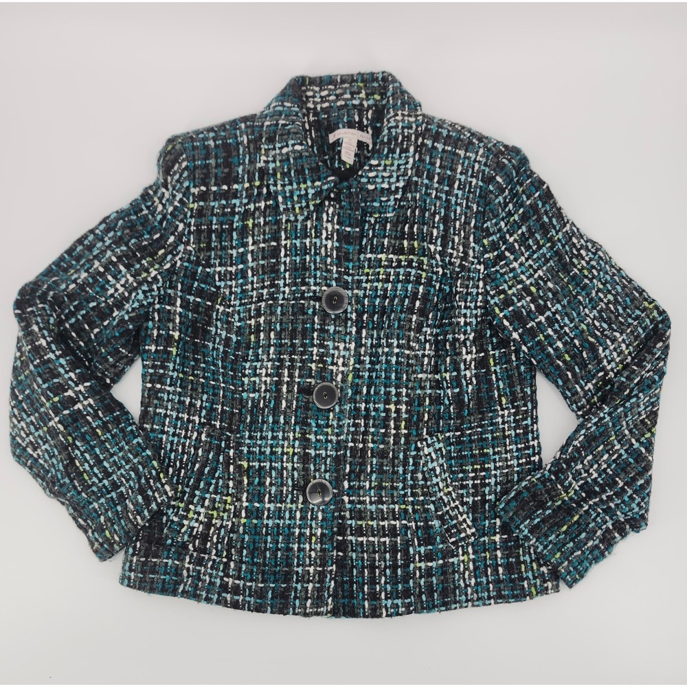 JM Collection Vintage 90s Y2K Tweed Blazer Jacket Blue Teal Multicolor Woven 6P